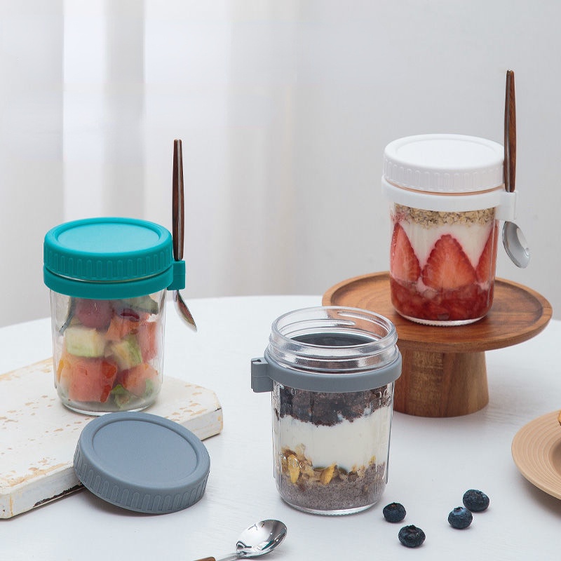 350ml/600ml Kitchen Overnight Oats Container Mason Jars Breakfast Oatmeal Cereal Nut Yogurt Salad Cup Container Oatmeal Container