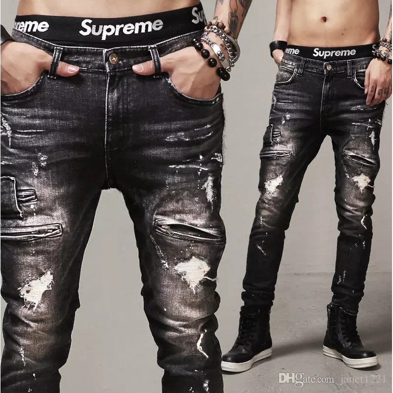 black slim fit distressed jeans