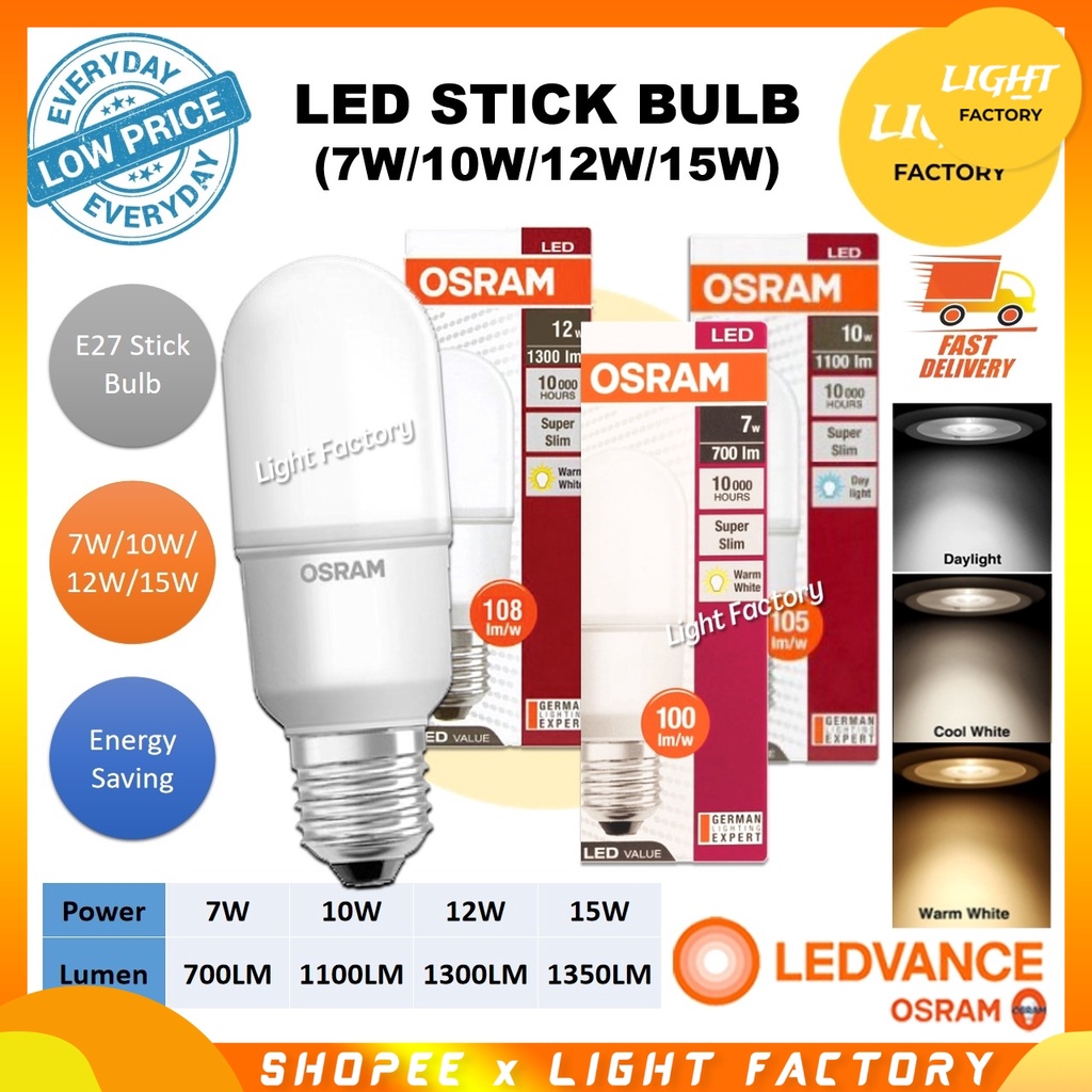 Kapel bloem Het begin OSRAM LED BULB 7W / 10W / 12W / 15W LED STICK BULB E27 Daylight / Coolwhite  / Warmwhite | Shopee Malaysia