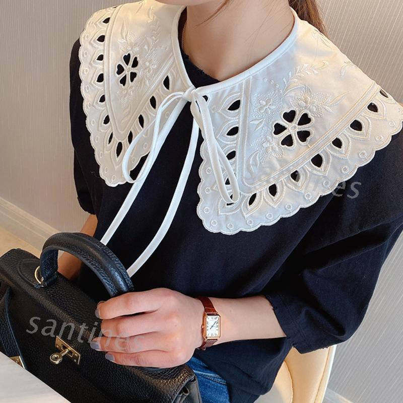 san* Women White Cotton Fake Collar Shawl Hollow Out Floral Fish Scale Necklace Scarf