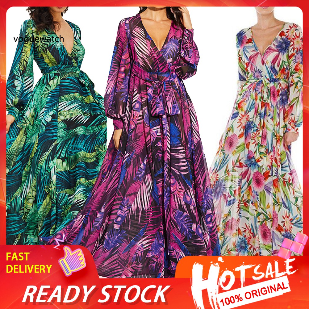 ?VWG_Plus Size Bohemia Beach Women Leaves Print V Neck Long Lantern Sleeve Maxi Dress