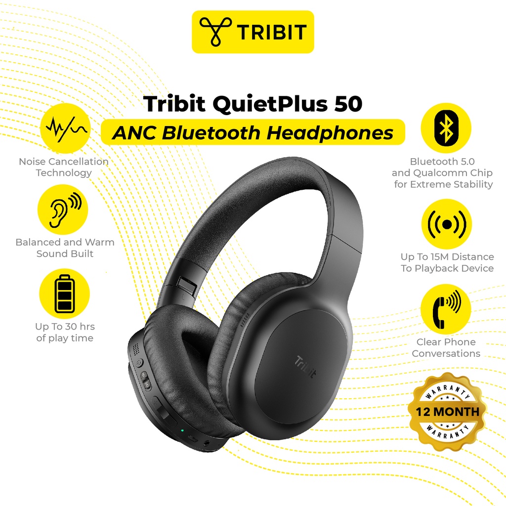 Tribit QuietPlus 50 - ANC Bluetooth Headphones, Bluetooth 5.0, 30 Hours Playtime, Light Weight