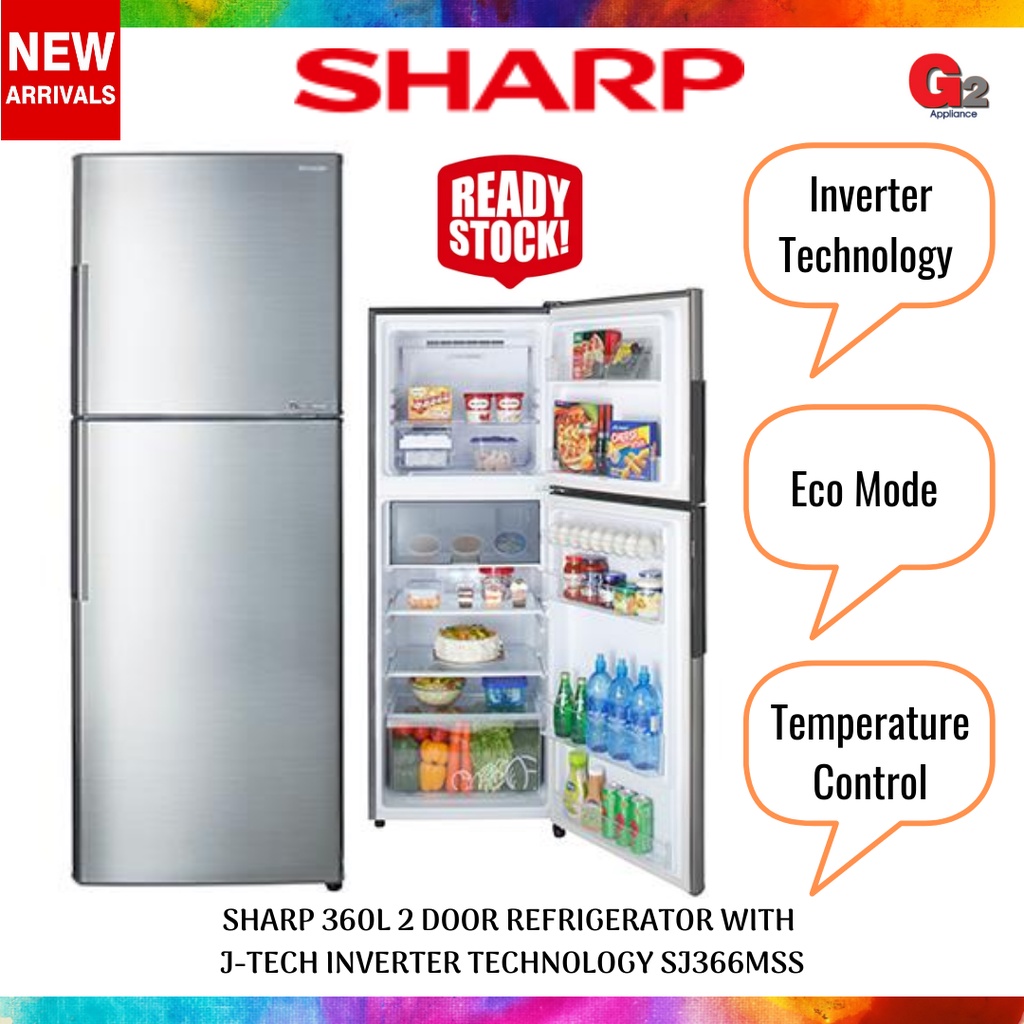 SHARP 360L 2 DOOR REFRIGERATOR WITH JTECH INVERTER TECHNOLOGY SJ366MSS ORIGINAL SHARP