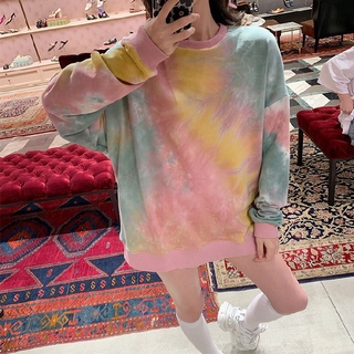 loose tie dye long sleeve printed round neck T Shirt baju 