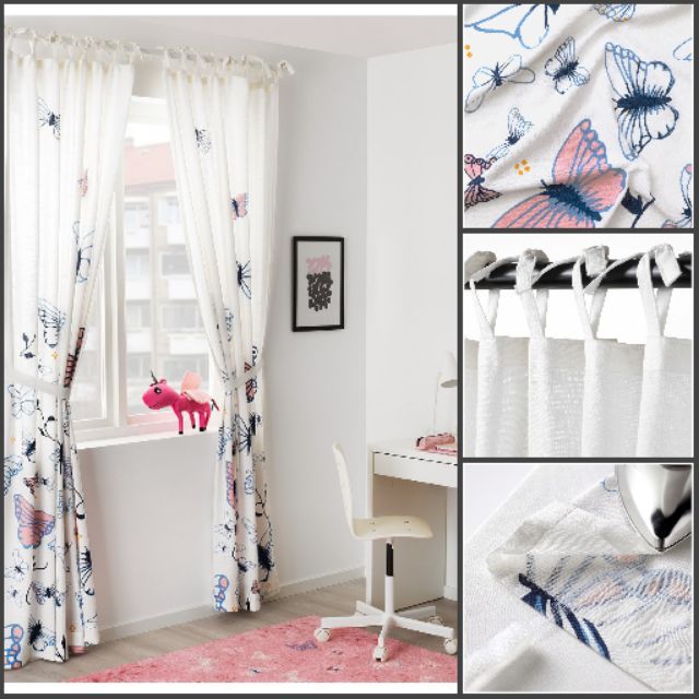 Sanglarka Curtain With Tiebacks White Blue Butterfly 1 Pair