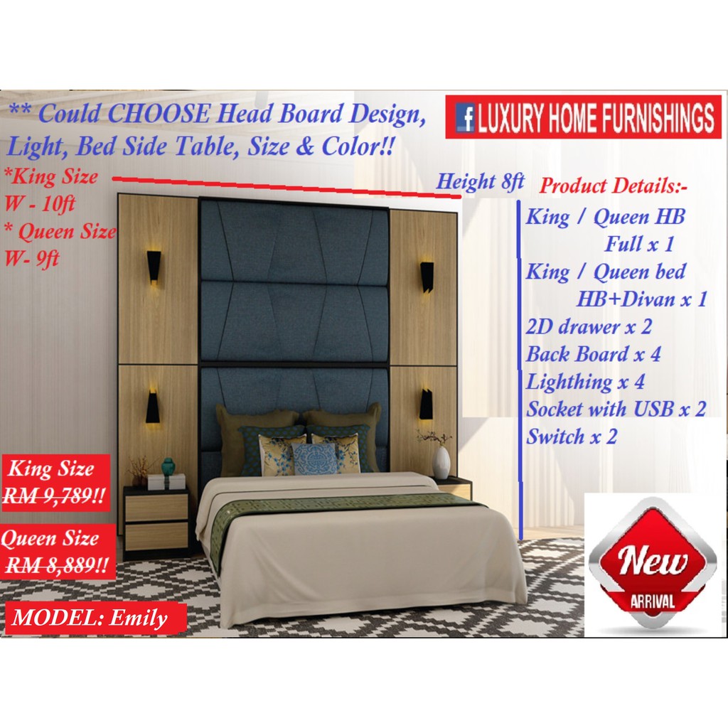 EMILY, HOTEL SERIES BED, FULL SET, KING SIZE, Could CHOOSE headboard design, color, side table style, bedside lamp!!