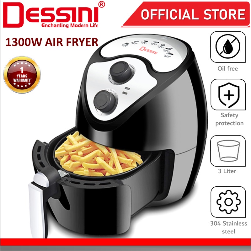 DESSINI ITALY Electric Air Fryer Timer Oven Cooker Non-Stick Fry Roast Grill Bake Machine (3L)