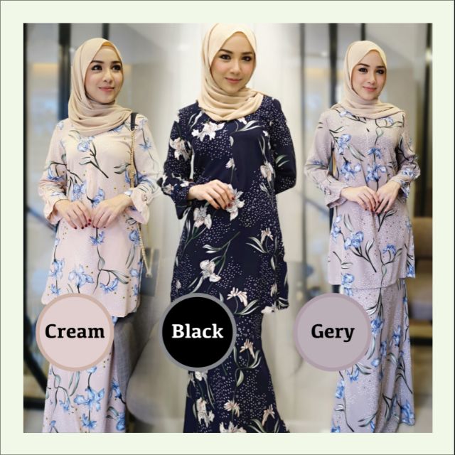  BK2316B BAJU  KURUNG  MODEN  PRINT FLORAL BLACK  GREY 