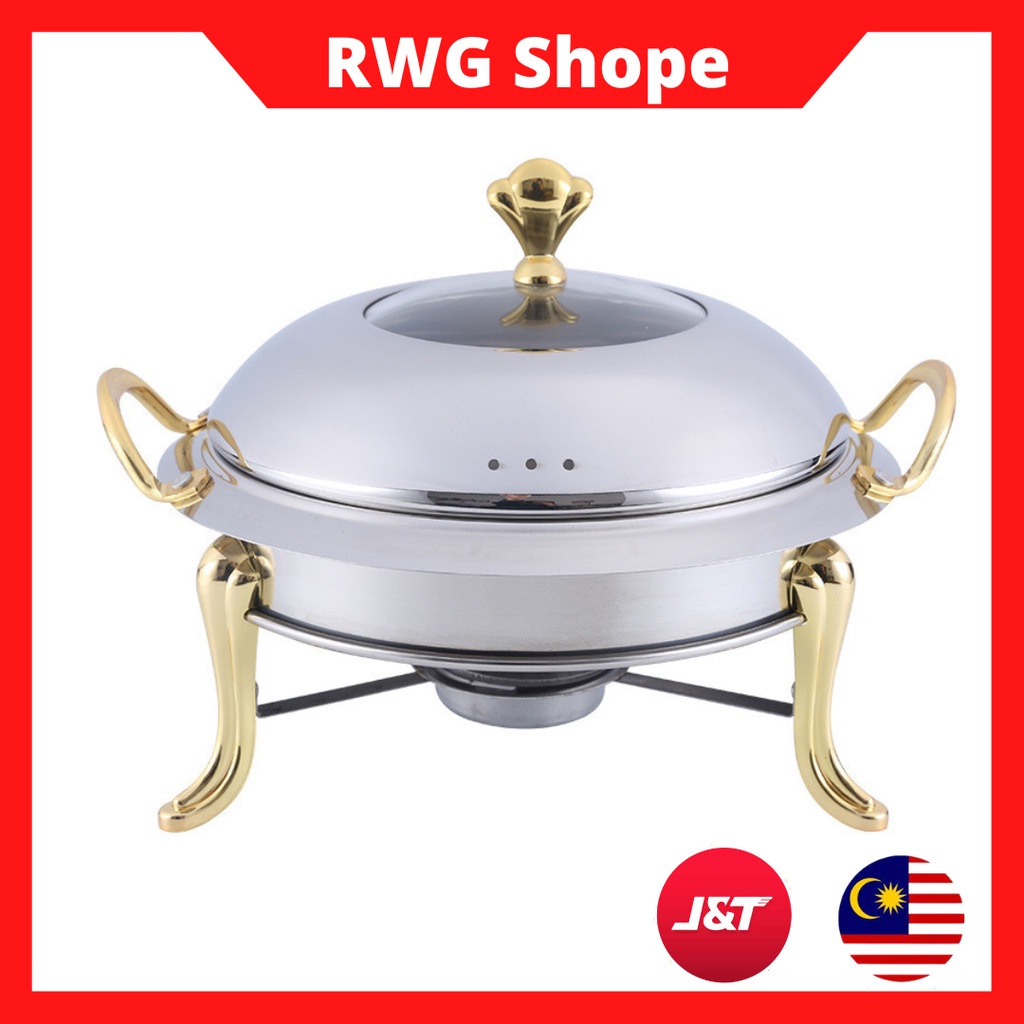 [Ready Stock] Stainless Steel Buffet Royal Gold Set 28cm Round Chafing Dish Serving Tray Catering Buffet and Kenduri