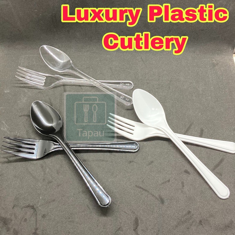 TAPAU - 7" Luxury & Thick Spoon & Fork [50pcs±] 180 Thick Sudu & Garpu - Black/Clear/White - Disposable Plastic Cutlery