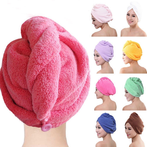 Microfiber Long Hair Drying Towel Wrap Turbie Turban Head Hat Cap Button C 