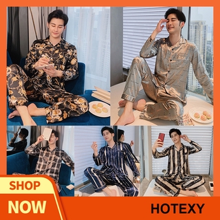 Hotexy men pyjamas quality baju tidur satin comfort set sleepwear long sleeve pajamas plus size casual loose