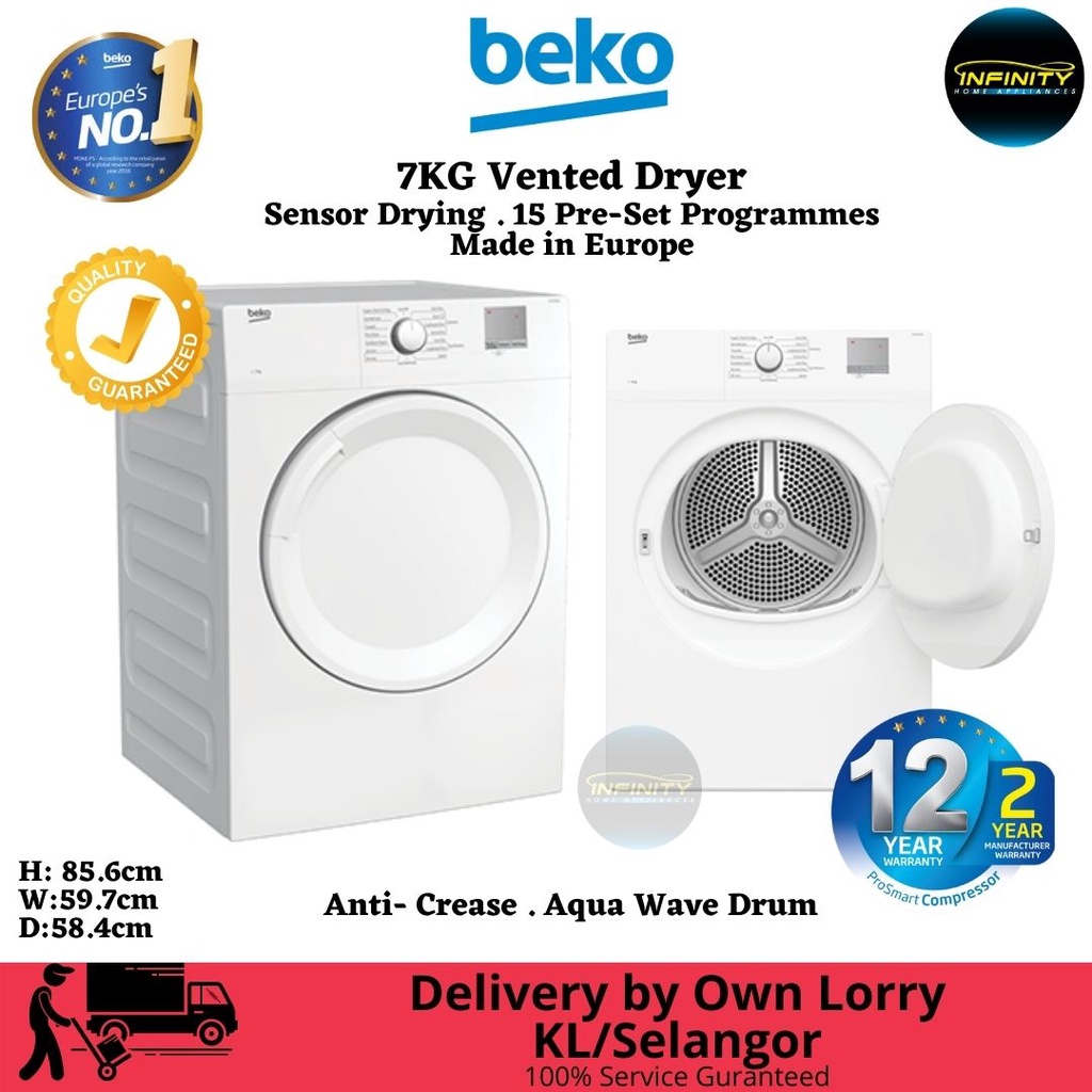 BEKO 7KG Front Load Dryer Vented Sensor DTGV7001W (KL/Selangor Delivery