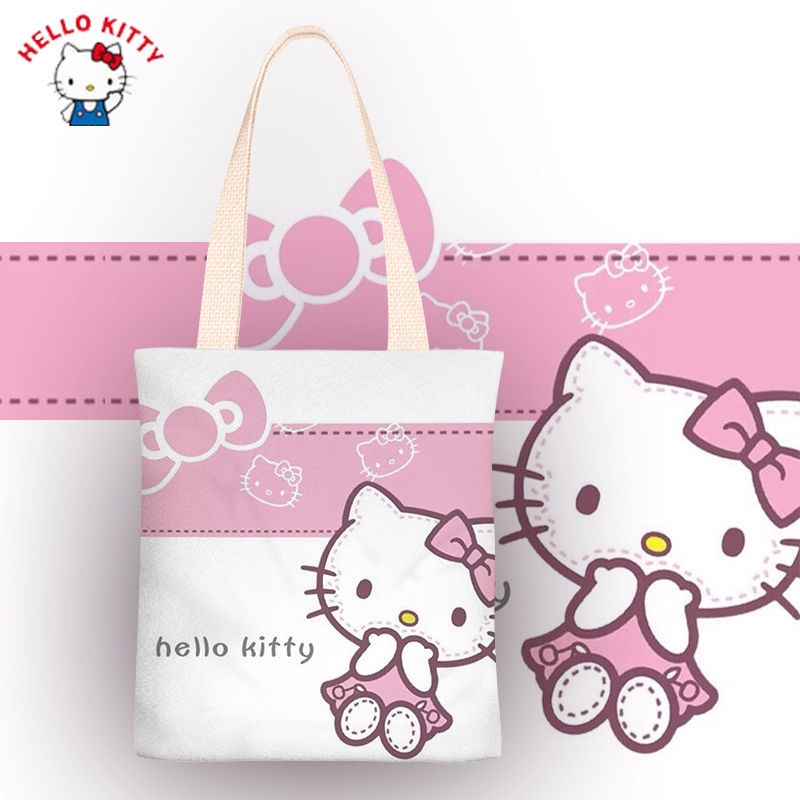 【YEEN】Hello-Kitty Canvas Handbag Girls Mini Tote Bag Cute Lunch Bag Book Bag Students Shoulder Class Bag