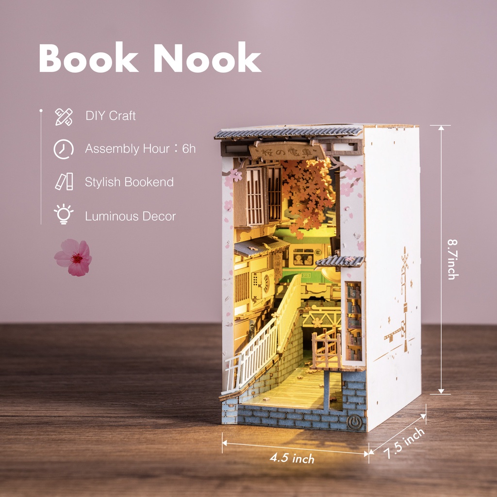 Robotime Rolife Sakura Densya Book Nook DIY Dollhouse Bookend Model Kit