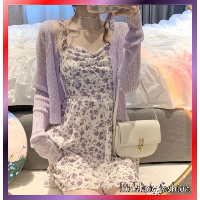 ins women's one-piece net red suit female Korean version design is thin, taro purple ice silk cardigan jacket + floral suspenders strapless dress evening dress Korean Style Women Clothes Floral Sleeve