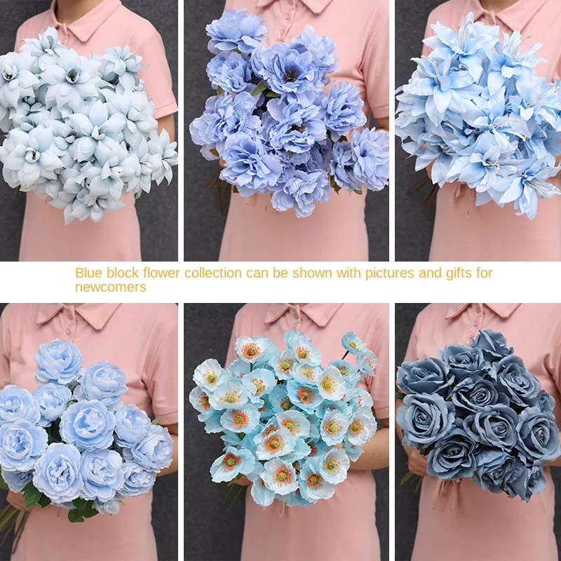 Blue series artificial flower blue simulation green blue wedding theme decoration flower home indoor simulation vase flower arrangement blue peony flower