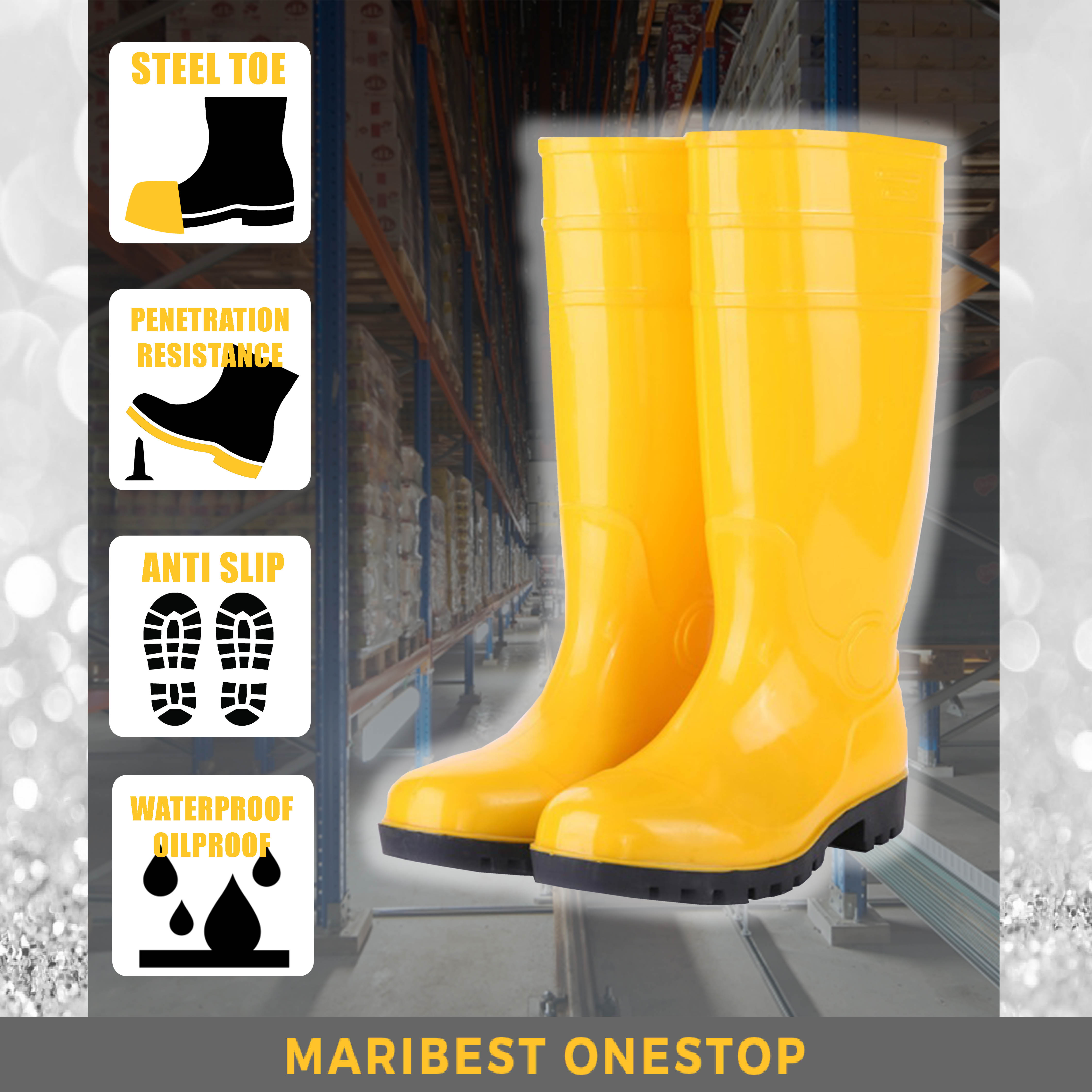 ZY-002D YELLOW SAFETY RAIN BOOT HIGH CUT WITH STEEL TOP CAP MIDSOLE HEAVY DUTY OIL RESISTANCE