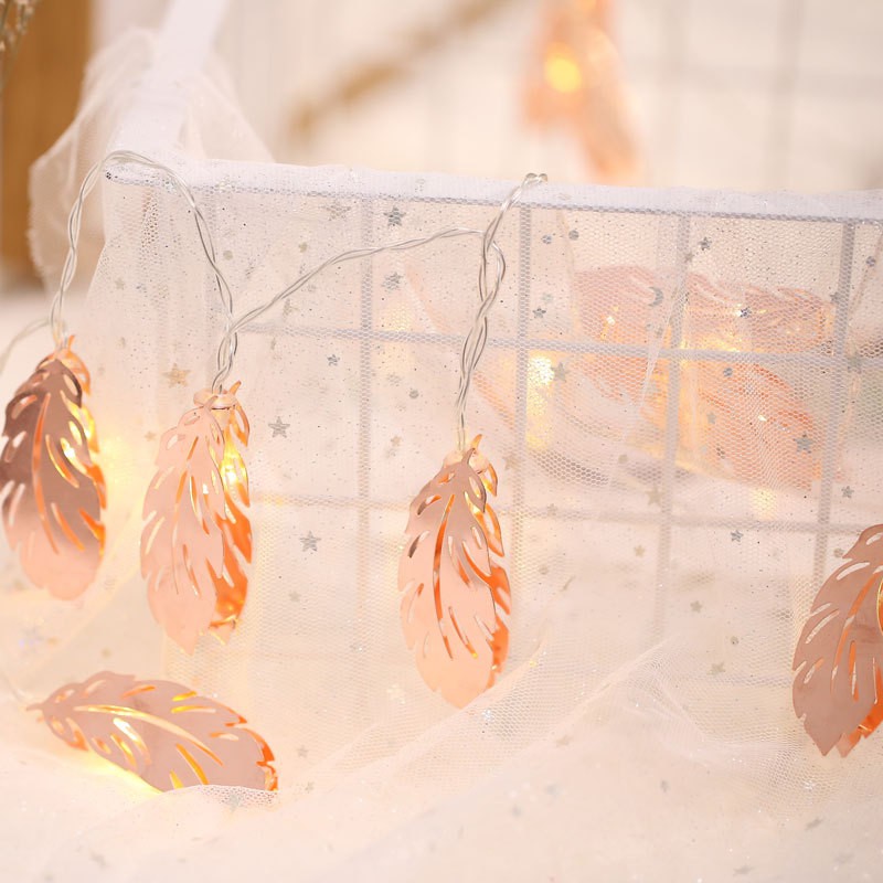 Rose Gold Light Feather Shaped Copper Led Lantern String Lights For Bedroom