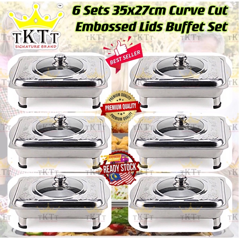 TKTT ™️ 6 Set 35x27 Embossed Lid Stainless Steel Buffet Set Catering Serving Tray Food Pan Warmer Bekas Lauk Kate