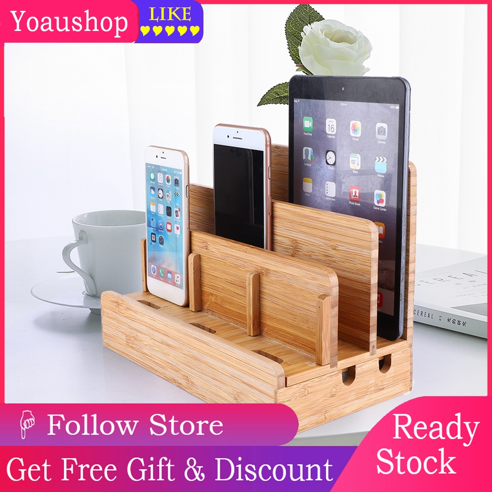 Bamboo Multi Device Stand Holder Charging Station Phone Tablet