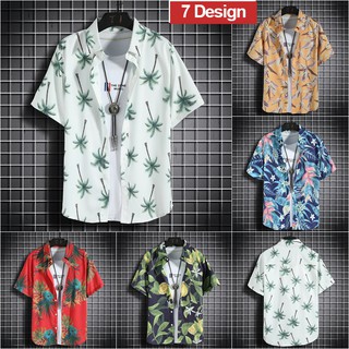 【ST Shop】Ready Stock Summer fashion lapel floral shirt male trend loose plus size Hawaii vacation leisure green leaf printing couple beach short-sleeved shirt