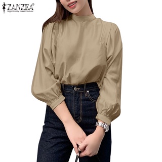 Image of ZANZEA Women Vintage Full Puff Sleeve Stand Collar Back Button Solid Spliced Blouse