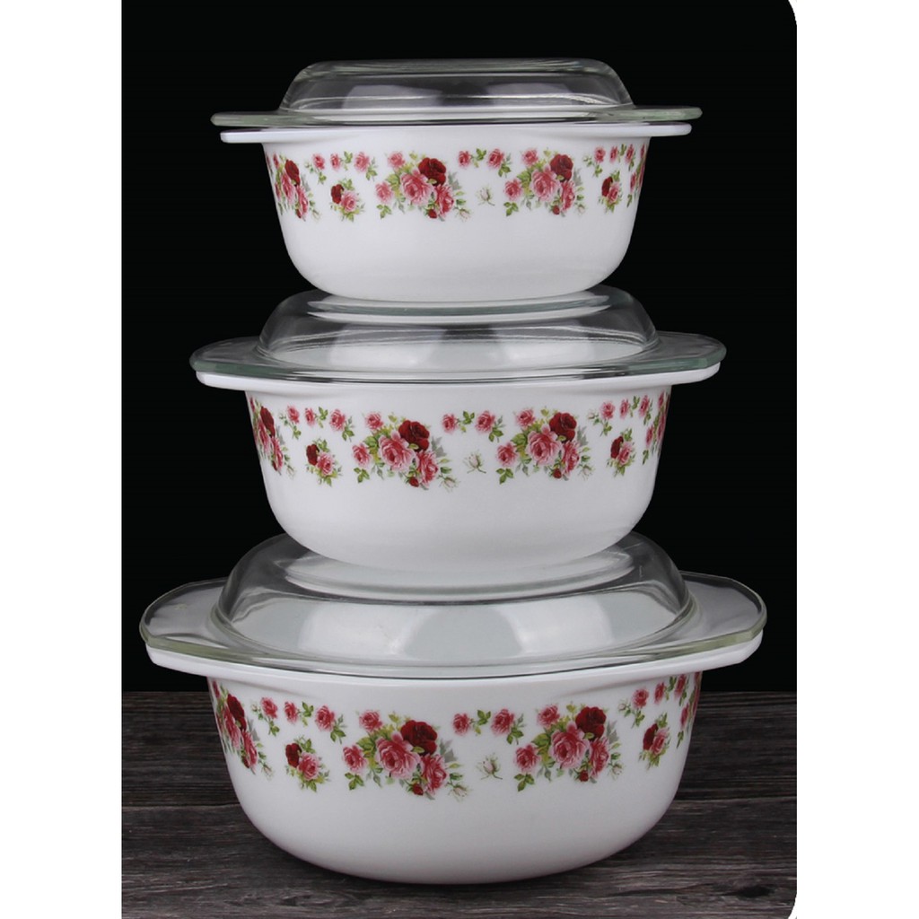 Heat Resistant 3pcs Decorated Opal Glass Casserole Set with see