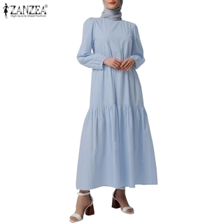 Image of ZANZEA Women Solid Color Plus Size O Neck Retro Muslim Maxi Dress
