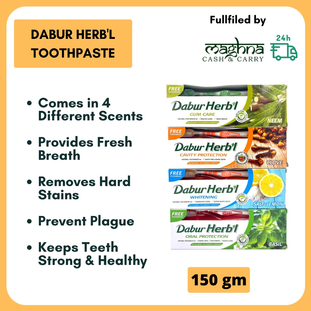 Dabur Herbal (Clove, Salt & Lemon, Basil, Neem) Toothpaste with FREE