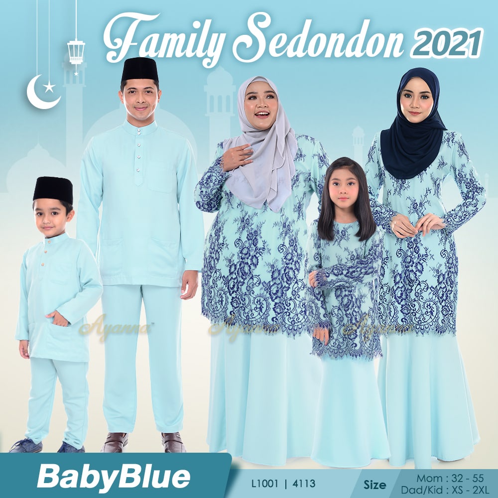 Set Family Baby Blue Baju Raya 2021 Baju Kurung Sedondon Ibu Ayah Anak Baju Kurung Baju Melayu Kurta Warna Biru Lembut