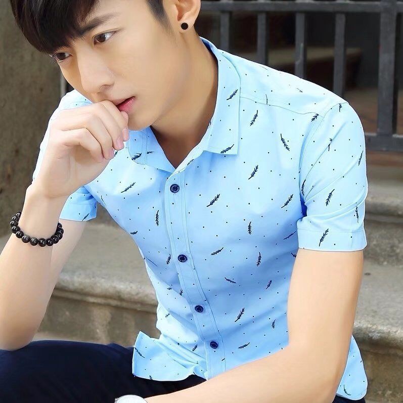 New men's shirt printed feather Korean men's casual trend shirt fashion men's casual floral shirt