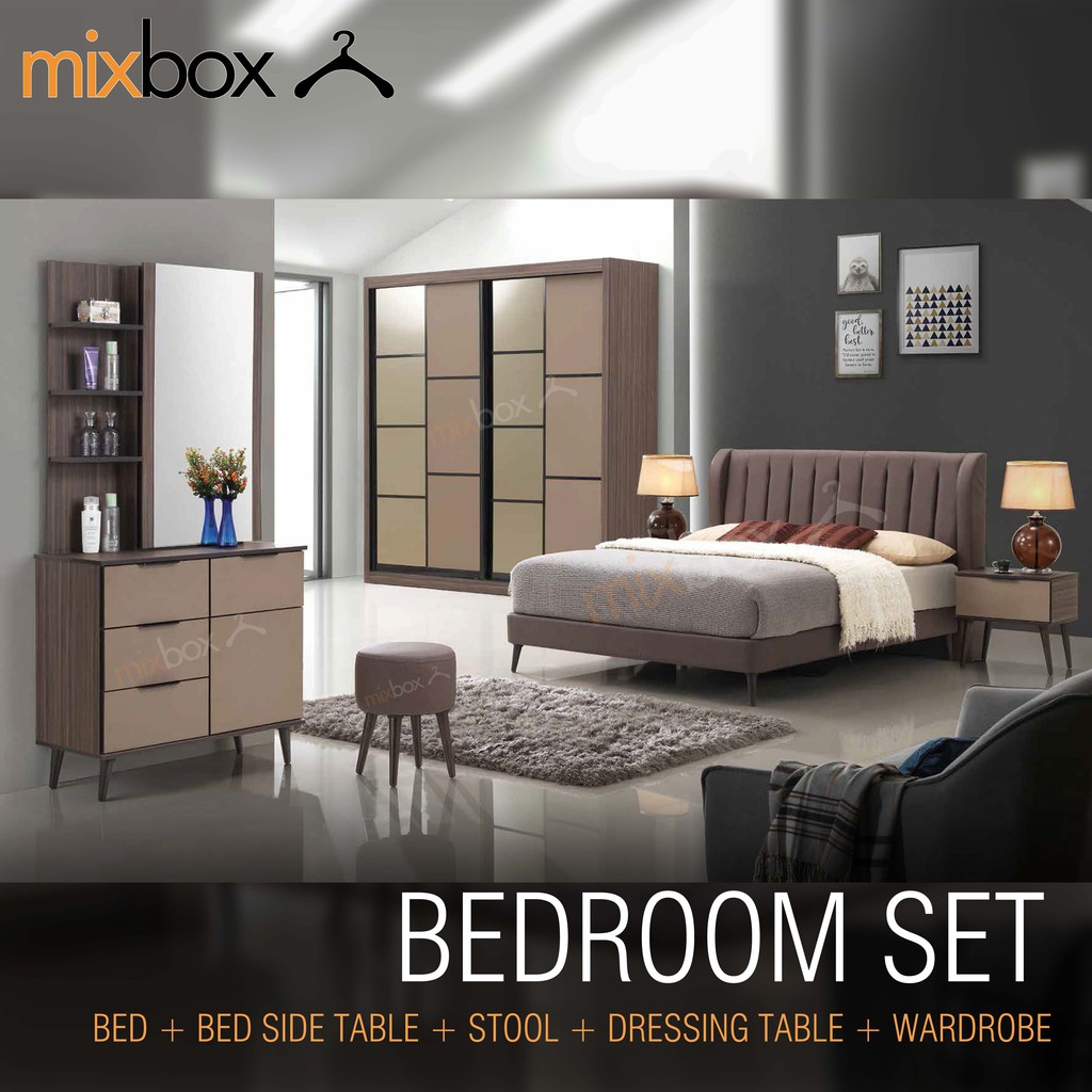 MIXBOX Bedroom Set (Bed Frame Queen/King+Wardrobe+Dresser Table+Side