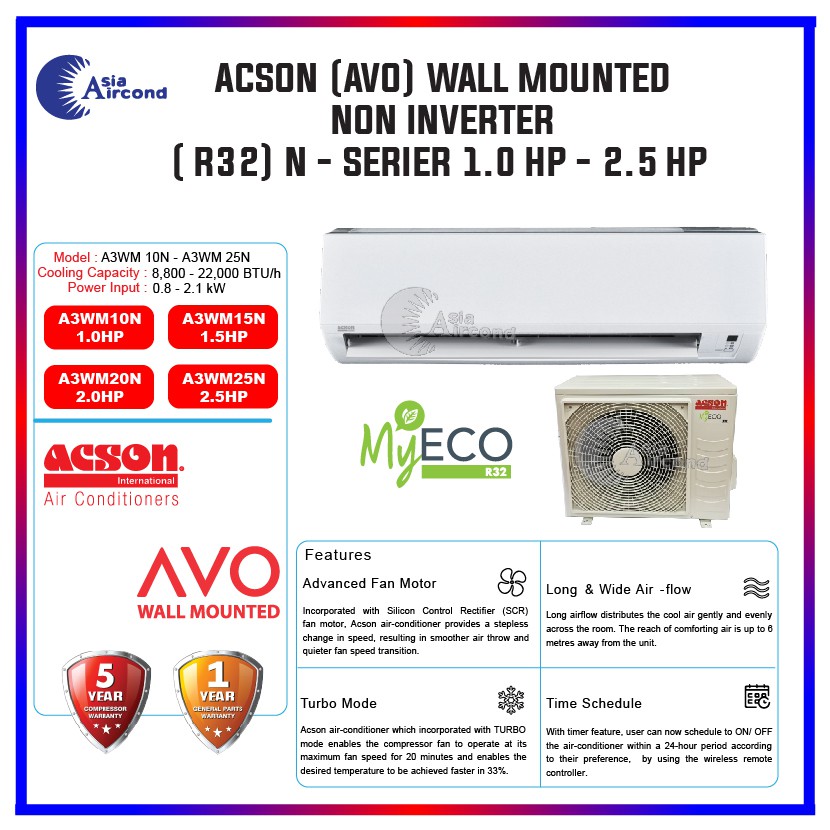 ACSON (AVO) WALL MOUNTED NON INVERTER (R32) N - SERIES 1.0HP - 2.5HP