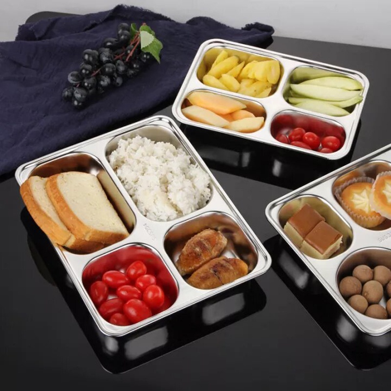 4 Compartments Lunch Box Stainless Steel Food Containers Tray With Lid