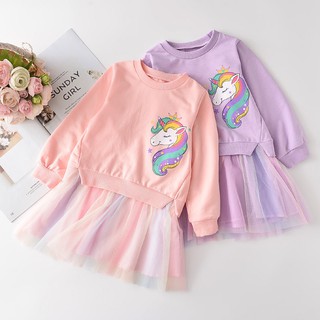✨ Kimi ๑ Baby Girls Dress Unicorn Fashion Casual Long Sleeve Dresses Cotton Patchwork Mesh Princess Dress Autumn Girl Clothes 1-6 Years Old