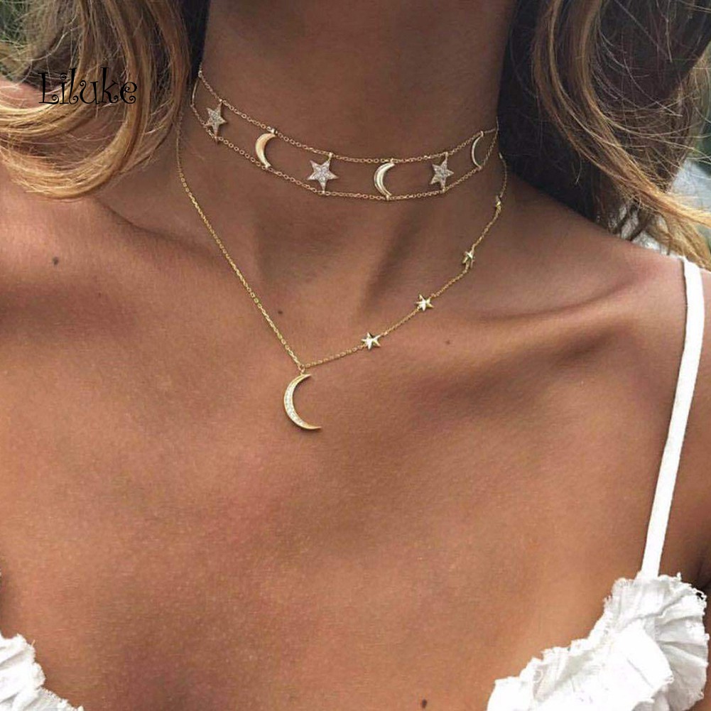 LK/_ Fashion Choker Rhinestone Women Moon Pendant Charm Chain Necklace Jewelry