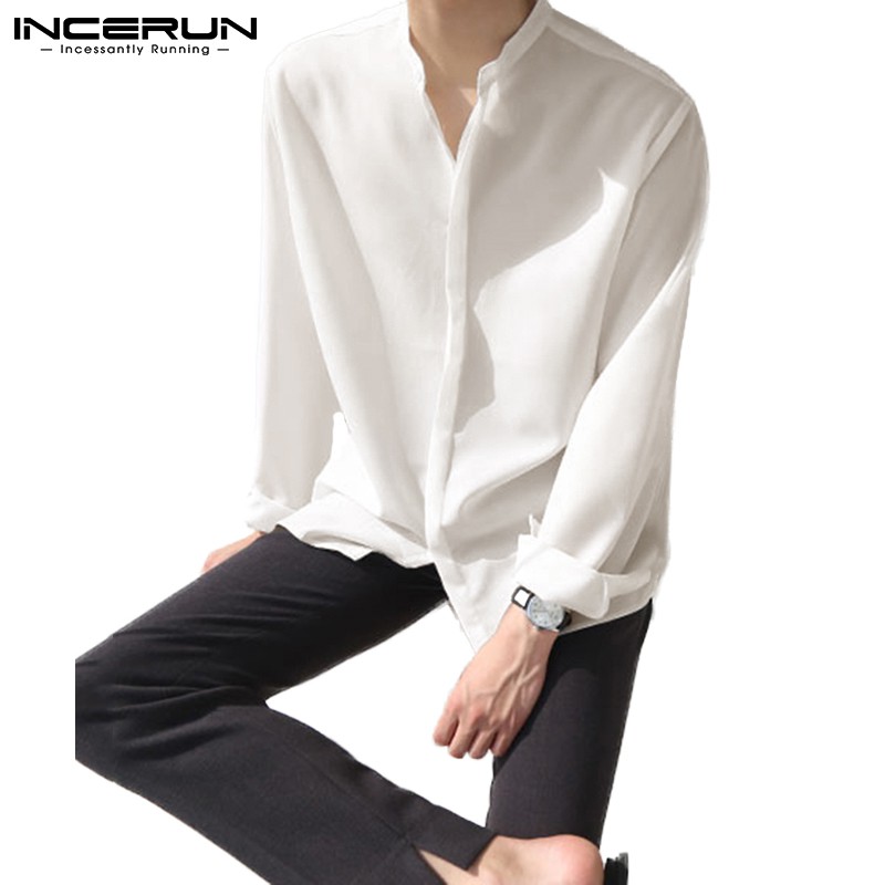 INCERUN Mens Summer Casual Long Sleeve Plain Loose Breathable Tshirt