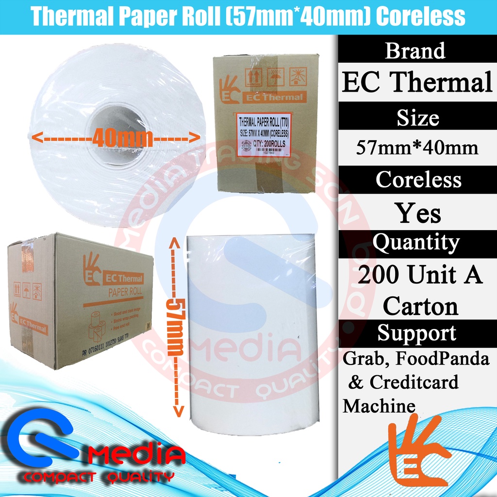 Thermal Paper Roll 57mm x 40mm CORELESS Kertas Receipt foodpanda Food