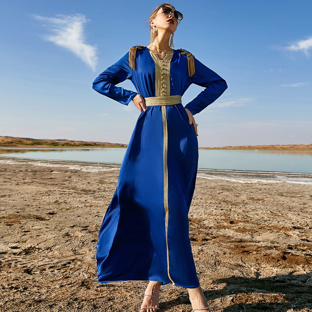 Royal Blue Epaulette Maxi Dress Long Sleeve Large Swing Palace Style Muslimah Abaya Elegant Satin Women's Party Gown