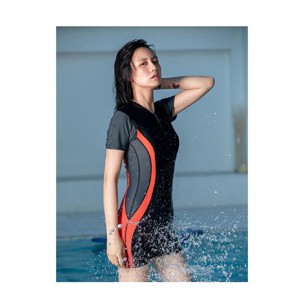 Plus Size Women One Piece Swimming  Suit  Short Sleeve Swim  