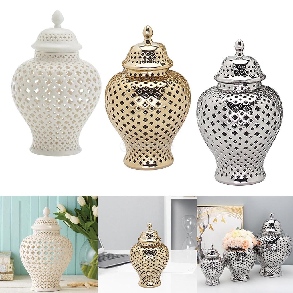 [amleso] Ginger Jar Carved Lattice Handicraft Temple Jar Home Decor with Lid Home Decor Storage Jar Handicraft Vase for Floral Arrangement