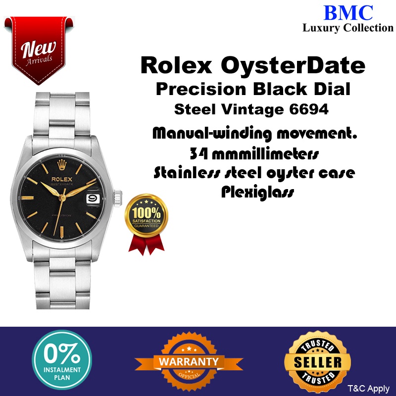 Rolex OysterDate Precision Black Dial Steel Vintage Mens Watch 6694(Pre-Owned)