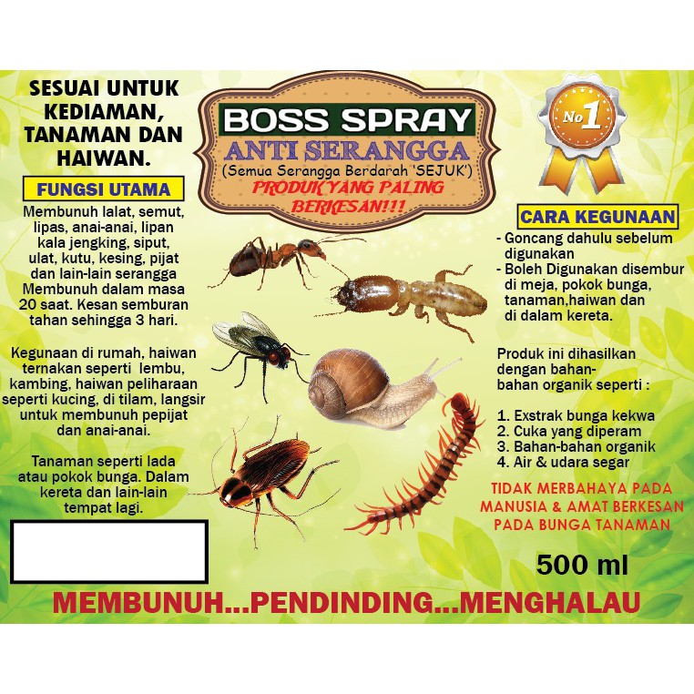 Boss Spray For Bedbug Pepijat Lipas Semut Ant Kutu Fleas Pest Control Racun Serangga Organik 500ml Shopee Malaysia