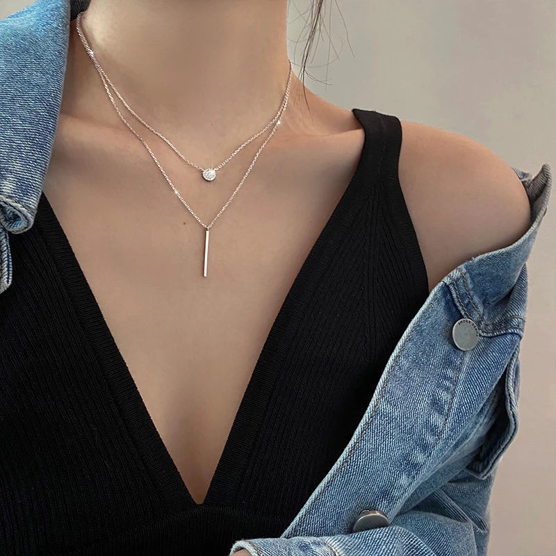 Trendy Alloy Double Layer Necklace Round Shiny Zircon Long Pendant Clavicle Chain Jewelry for Women Girls Gift