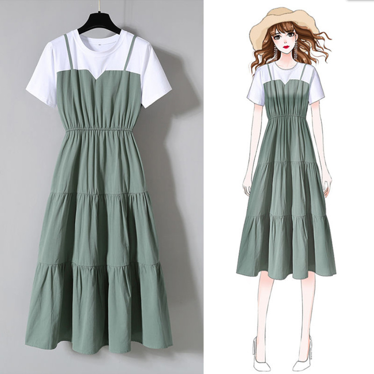 Women Cute Dress Summer Fake Two Piece Short Sleeve Elastic Waist Pleated Midi Dress