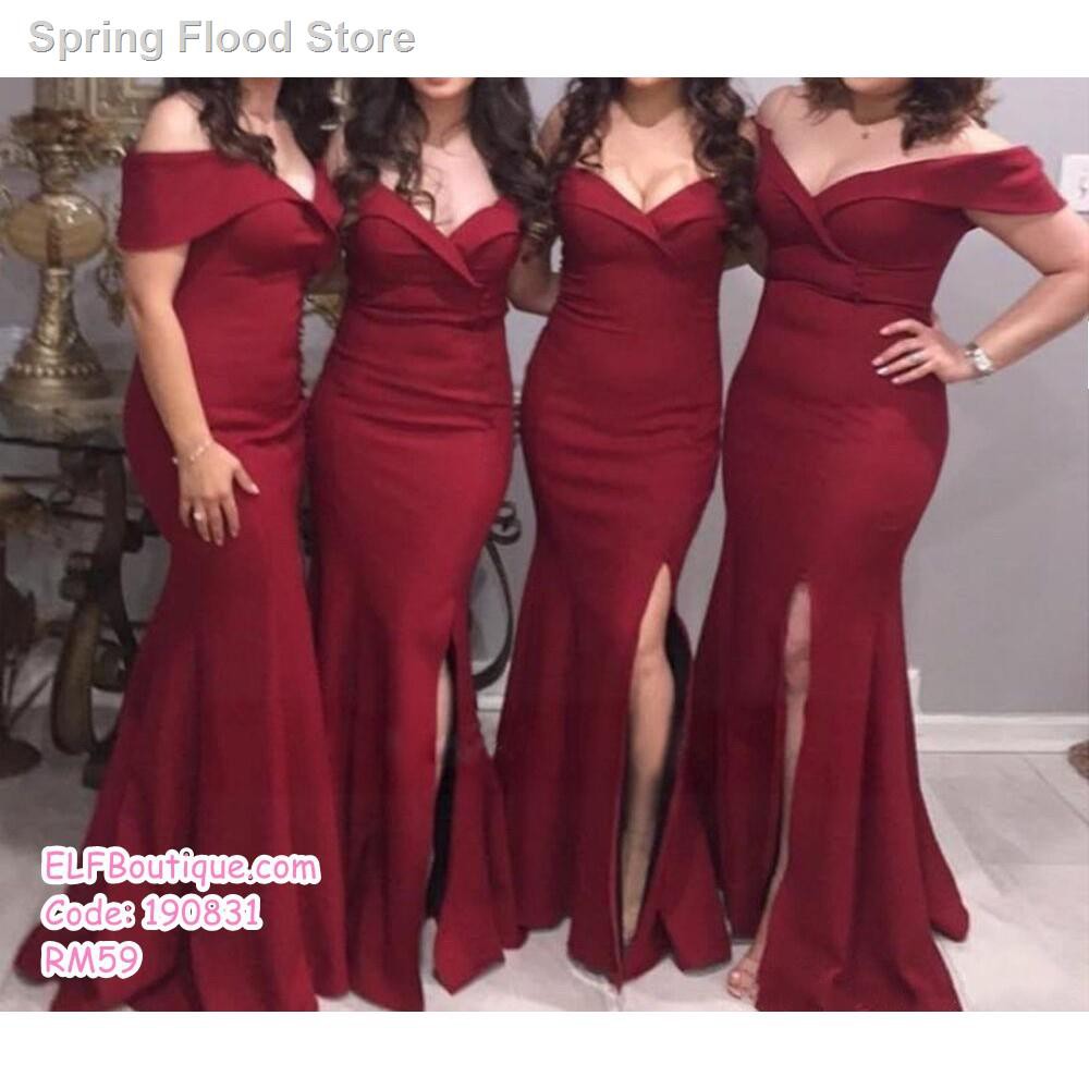 ∋☍Bridesmaid Dinner Gown Off-shoulder Party Maxi Dress /Royal Blue/Wine Red/ Champagne Pink