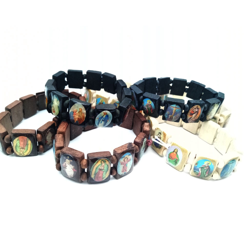 Religious Catholic Jewelry Wooden Icon Drops Elastic Rosary Bracelet