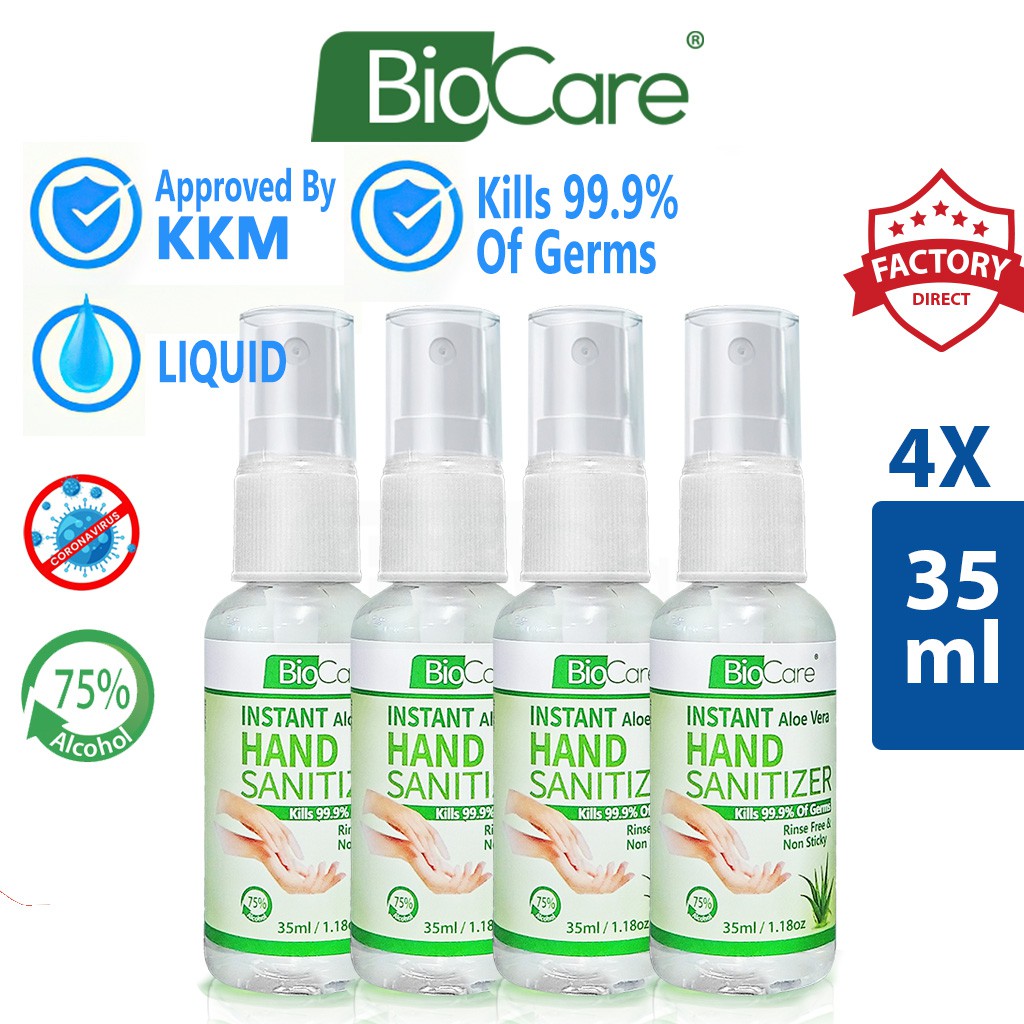 4 X 35ml Biocare Instant Hand Sanitizer Hand Sanitiser Liquid Spray 75 Alcohol Shopee Malaysia