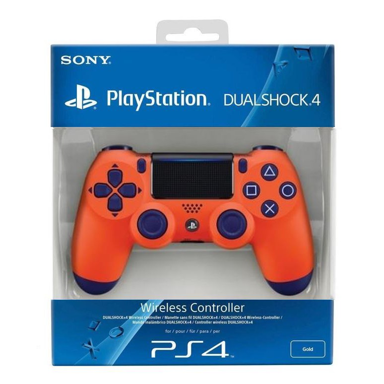 orange and blue playstation 4 controller